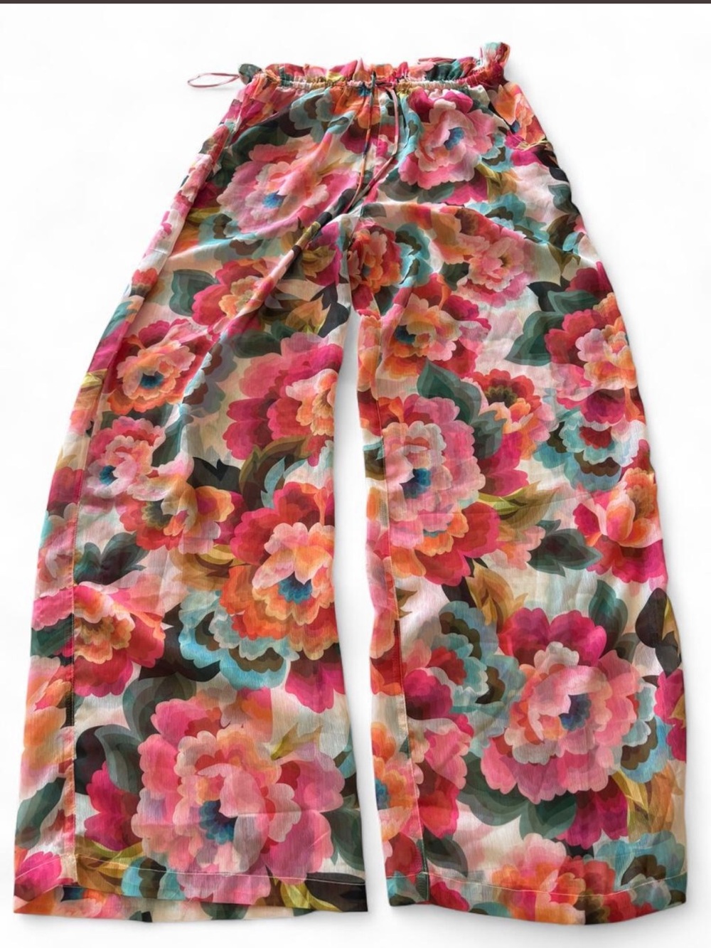 Sheer Floral Wide Leg Boho Maximalist Flowy Pants High Rise Size S/M